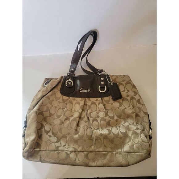 Coach Signature Women's Brown Jacquard Double Strap Shoulder Bag Size Large - Picture 1 of 10